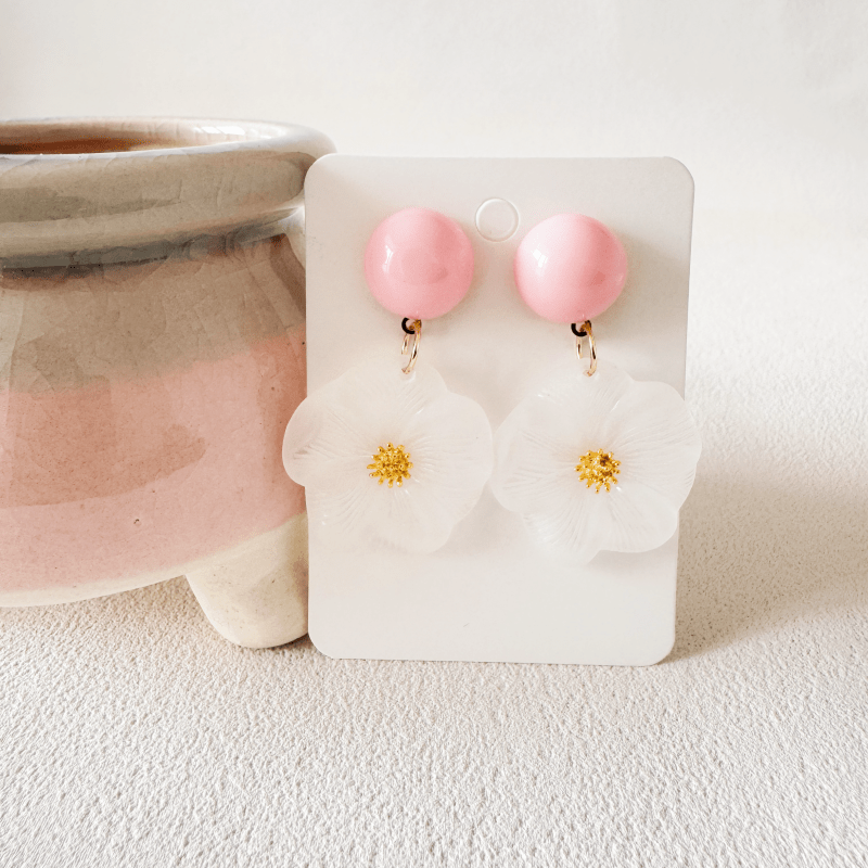 Boho Flower Earrings with Golden Stamens & Pink Balls Iron Posts
